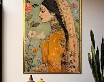 Vintage Mughal Princess Portrait – Floral Indian Royal Woman Canvas