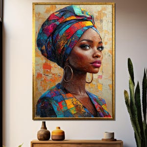 Vibrant Afro Woman Portrait – Mosaic Style Canvas Wall Art, Bold Colorful Headwrap Painting, Modern African Decor