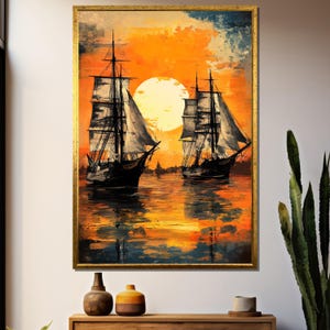 Op de afbeelding: Een schilderij van twee zeilschepen op een wateroppervlak bij zonsondergang. De schepen zijn gesilhouetteerd tegen een heldere oranje lucht met een grote, heldere gele zon op de achtergrond. Het water is donkerblauw met reflecties van de zon en de lucht.