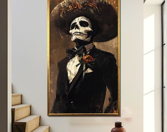 Day of the Dead Catrín Canvas Print – Elegant Skeleton Man in Suit