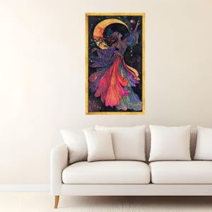 Mystical Lunar Dance Canvas, Bohemian Woman Art, Colorful Flowing Dress, Moonlight Wall Art, Fantasy Home Decor, Vibrant Spiritual Painting image 4