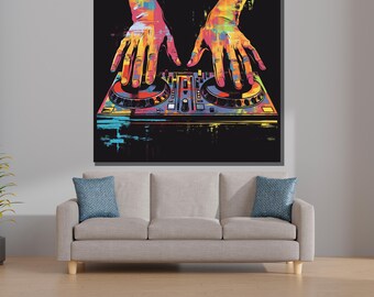 アート・デザイン・音楽 dip Colorful DJ Hands Abstract Art, Music Mixer Canvas Print, Vibrant