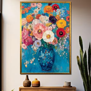 Blumenstrauß Leinwanddruck im Klimt Stil - Bunte impressionistische Blumenmalerei mit blauem Hintergrund - lebendige Wandkunst für die Innendekoration