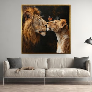 Lion and Lioness Wall Art, Romantic Safari Animal Print, Lion Couple Canvas, Wildlife Love Painting, African Wildlife Wall Decor Gift