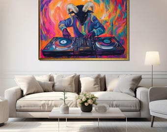 Colorful DJ Ram Canvas Art | Vibrant Abstract Animal DJ Painting