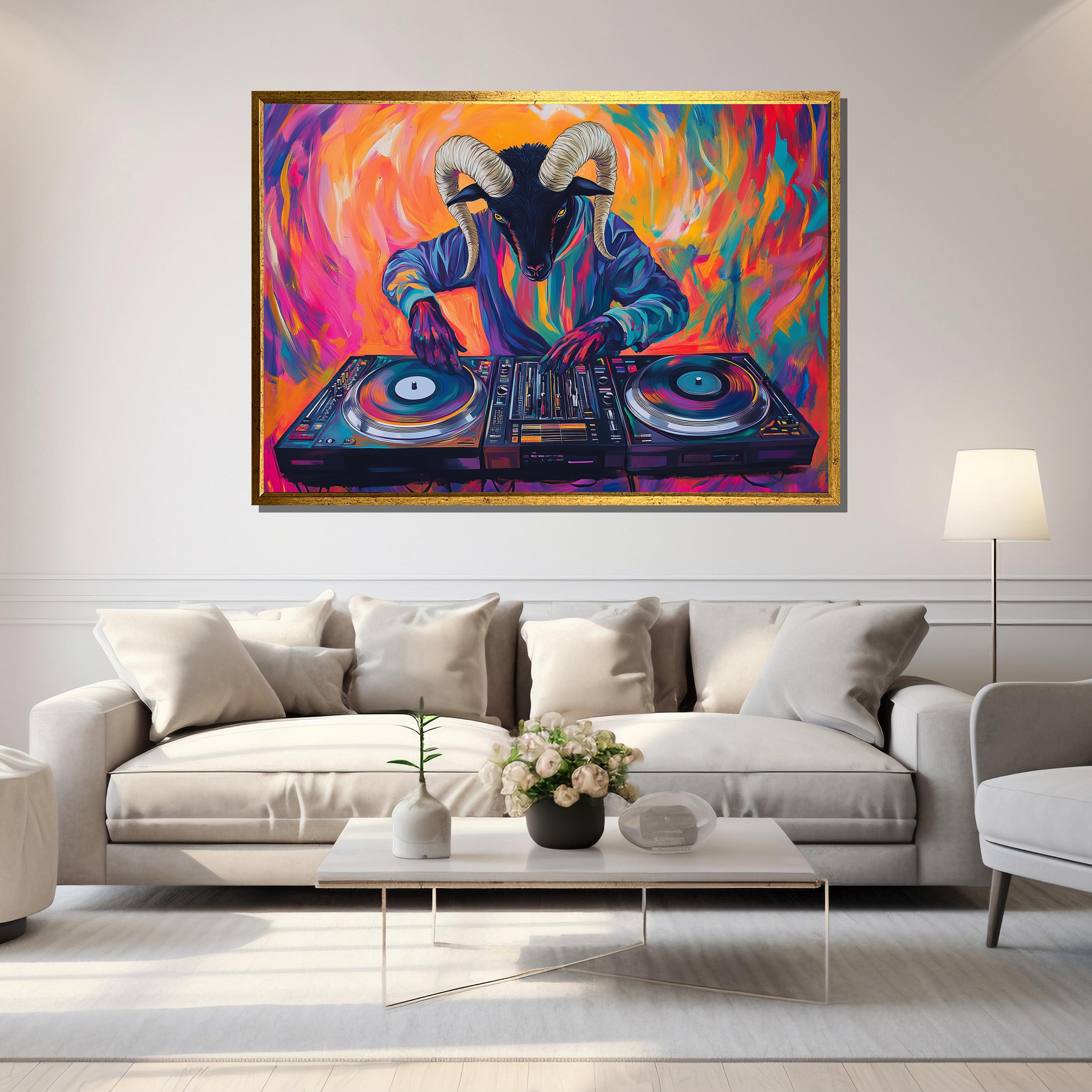 Colorful DJ Ram Canvas Art | Vibrant Abstract Animal DJ Painting