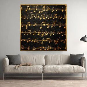 May include: A black and gold canvas print featuring a musical score with gold musical notes on a black background.
