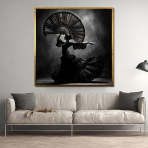 Arte mural de bailarina de flamenco en blanco y negro / Póster elegante de danza española / Impresión monocromática de silueta de abanico
