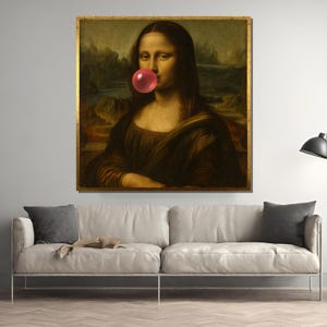 Renaissance masterpiece meets pop art as Mona Lisa blows a pink bubble over a classic landscape, canvas painting gift