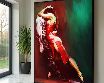 Passionate Tango Dance Couple Canvas, Romantic Ballroom Art, Red Dress Dance Wall Decor, Movement Painting, Modern Dance Canvas Art