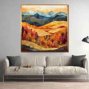 Quilted Fall Landscape Art – Fabric-Textured Mountain Scene with Autumn Forest in Warm Colors, Rustic Nature Canvas Wall Print