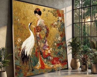 Elegant Geisha with Crane, Asian Canvas Wall Art, Gold Leaf Background, Japanese Kimono Painting, Floral Decorative Art, Ready to Hang