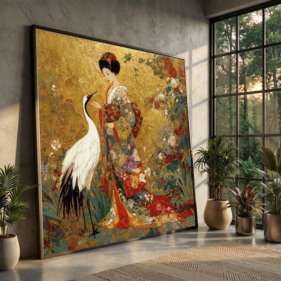 Elegant Geisha with Crane, Asian Canvas Wall Art, Gold Leaf Background, Japanese Kimono Painting, Floral Decorative Art, Ready to Hang