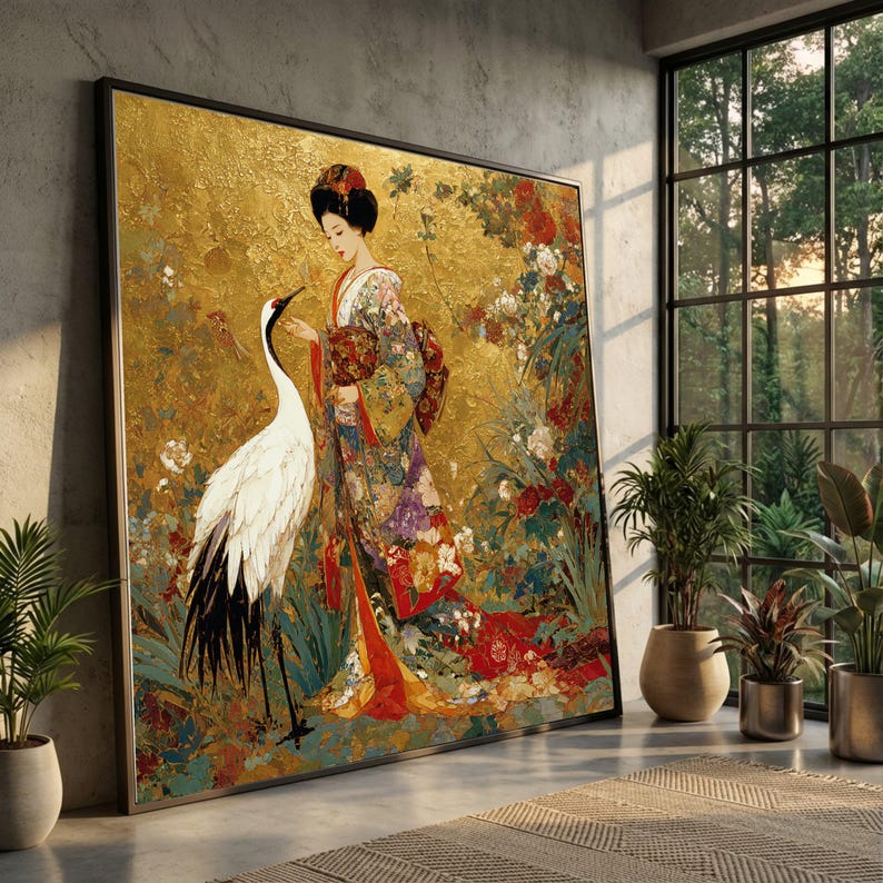 Elegante geisha met kraan, Aziatische canvas muurkunst, bladgoud achtergrond, Japanse kimono schilderij, decoratieve bloemkunst, klaar om op te hangen afbeelding 1