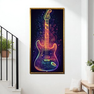 Vibrant Neon Electric Guitar Art Print – Psychedelic Music Wall Decor, Colorful Abstract Instrument Poster for Music Lovers