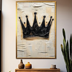 Art mural abstrait couronne, peinture couronne noire moderne, toile graffiti urbain, impression d&#39;art couronne royale, décoration d&#39;intérieur royale contemporaine
