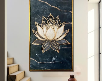 Gold Lotus Floral Zen Wall Art, Marble Background Elegant Lotus Decor, Luxury Zen Flower Painting, Modern Spiritual Wall Art