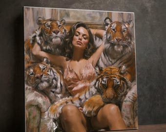 Woman with Tigers Canvas Art, Elegant Portrait Painting, Wildlife Home Decor