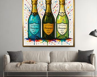 May include: A framed print of three champagne bottles with gold foil tops. The bottles are teal, green, and yellow, each with a label that reads "Champagne" and the year 2006 or 2019. The background has colourful paint splatters.
