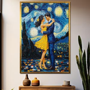 Romantisches Paar tanzt unter sternenklarer Nacht - Hochzeitsbild im Van Gogh Stil - skurrile Liebesmalerei Druck