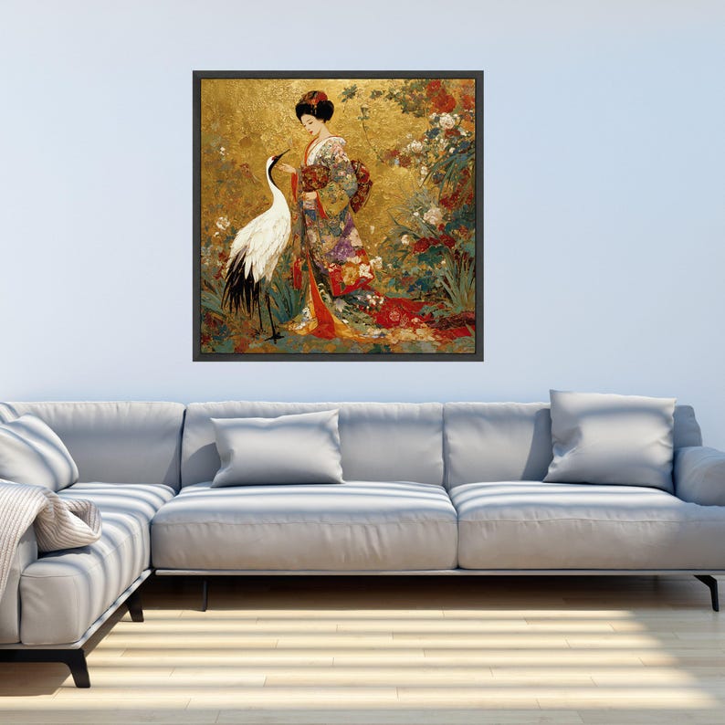 Elegante geisha met kraan, Aziatische canvas muurkunst, bladgoud achtergrond, Japanse kimono schilderij, decoratieve bloemkunst, klaar om op te hangen Black Frame