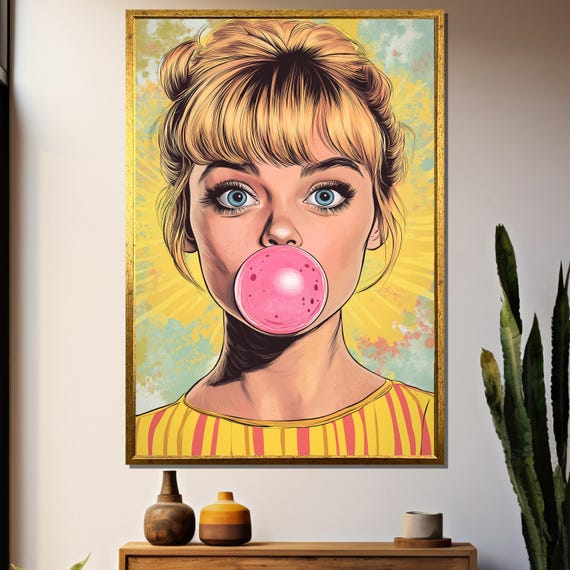 Pop Art Girl With Bubblegum Canvas Painting – Retro Style Wall
