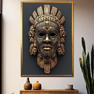 Aztec Tribal Wall Mask Decor, Gold and Black Ancient Warrior Face Sculpture, Mesoamerican Inspired Home Art, Cultural Heritage Gift