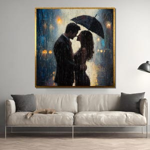 Romantic Couple in Rain Canvas – Intimate Lovers Under Umbrella Painting with Moody City Lights – Emotional Wall Art for Bedroom Decor