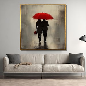 Romantic Couple Under Red Umbrella – Moody Rainy Day Silhouette Wall Art in Modern Minimalist Palette for Bedroom or Living Room Decor