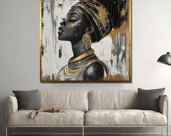 May include: A black and gold painting of a woman with her eyes closed. She is wearing a gold head wrap and gold jewelry. The background is a white and gold abstract design.