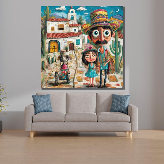 メキシコの村落　カラフルな民俗画 メキシコの村落カラフルな民俗画