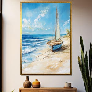 Modern Coastal Boat Painting – Tranquil Blue Sailboat on Sandy Beach with Ocean Waves, Summer Nautical Canvas Wall Art