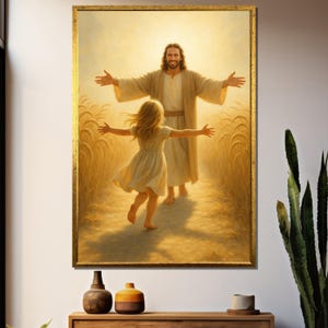May include: A painting of a man with long hair and a beard, wearing a white robe, with his arms outstretched, welcoming a young girl with long blonde hair wearing a white dress. The background is a field of wheat.