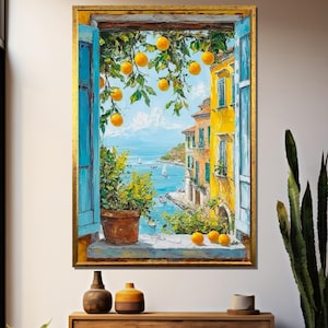 Può includere: Dipinto a olio di una scena costiera italiana vista attraverso una finestra. Il dipinto presenta un mare blu vibrante, edifici gialli e arance appese a un albero. Una pianta in vaso è sul davanzale.