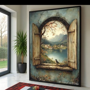 Puede incluir: Obra de arte enmarcada que representa un paisaje escénico visto a través de una ventana arqueada con contraventanas de madera. La obra muestra un lago sereno, montañas y un pequeño pájaro posado en el alféizar de la ventana. La paleta de colores incluye azules, verdes y marrones.