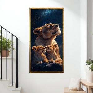 Lioness and Cubs Under Starry Sky Canvas Art - Majestic Wildlife Wall Decor Gift