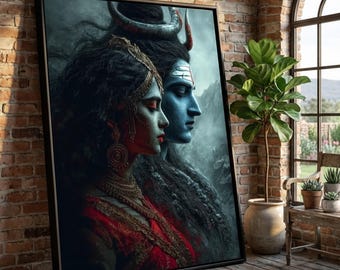 May include: A framed artwork depicting two figures in profile. One figure has blue skin and a third eye, the other has red skin and ornate jewelry. The artwork is set against a misty mountain backdrop, with a black frame.