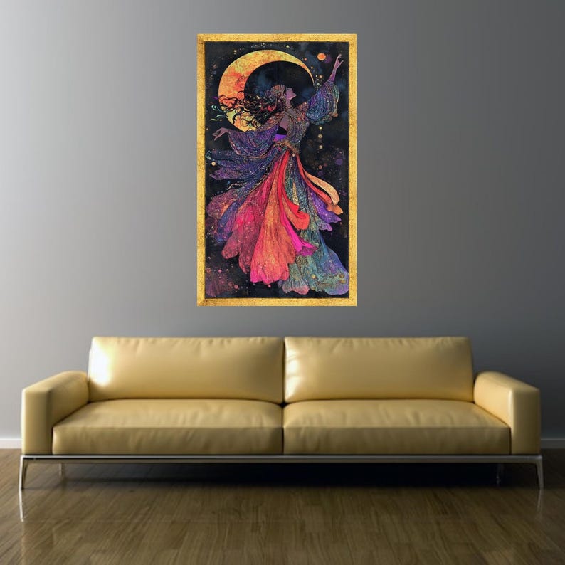 Mystical Lunar Dance Canvas, Bohemian Woman Art, Colorful Flowing Dress, Moonlight Wall Art, Fantasy Home Decor, Vibrant Spiritual Painting Gold Frame