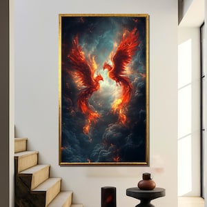 Phoenix Birds Wall Art, Fiery Phoenix Rising Canvas, Mythical Birds Painting, Fantasy Firebird Artwork, Mystical Home Decor