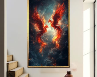 Phoenix Birds Wall Art, Fiery Phoenix Rising Canvas, Mythical Birds Painting, Fantasy Firebird Artwork, Mystical Home Decor