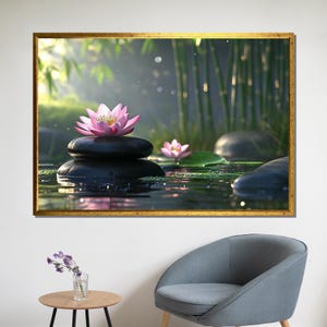 Zen Lotus Blume Teich Kunst, ruhige Meditation Wanddekoration, friedliche Bambus Garten Leinwand, Seerose heitere Natur Druck, entspannendes Spa Poster