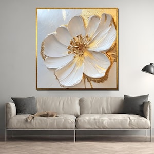 Luxury White and Gold Flower Wall Art - Modern Canvas Painting with Metallic Accents - Elegant Floral Home Decor