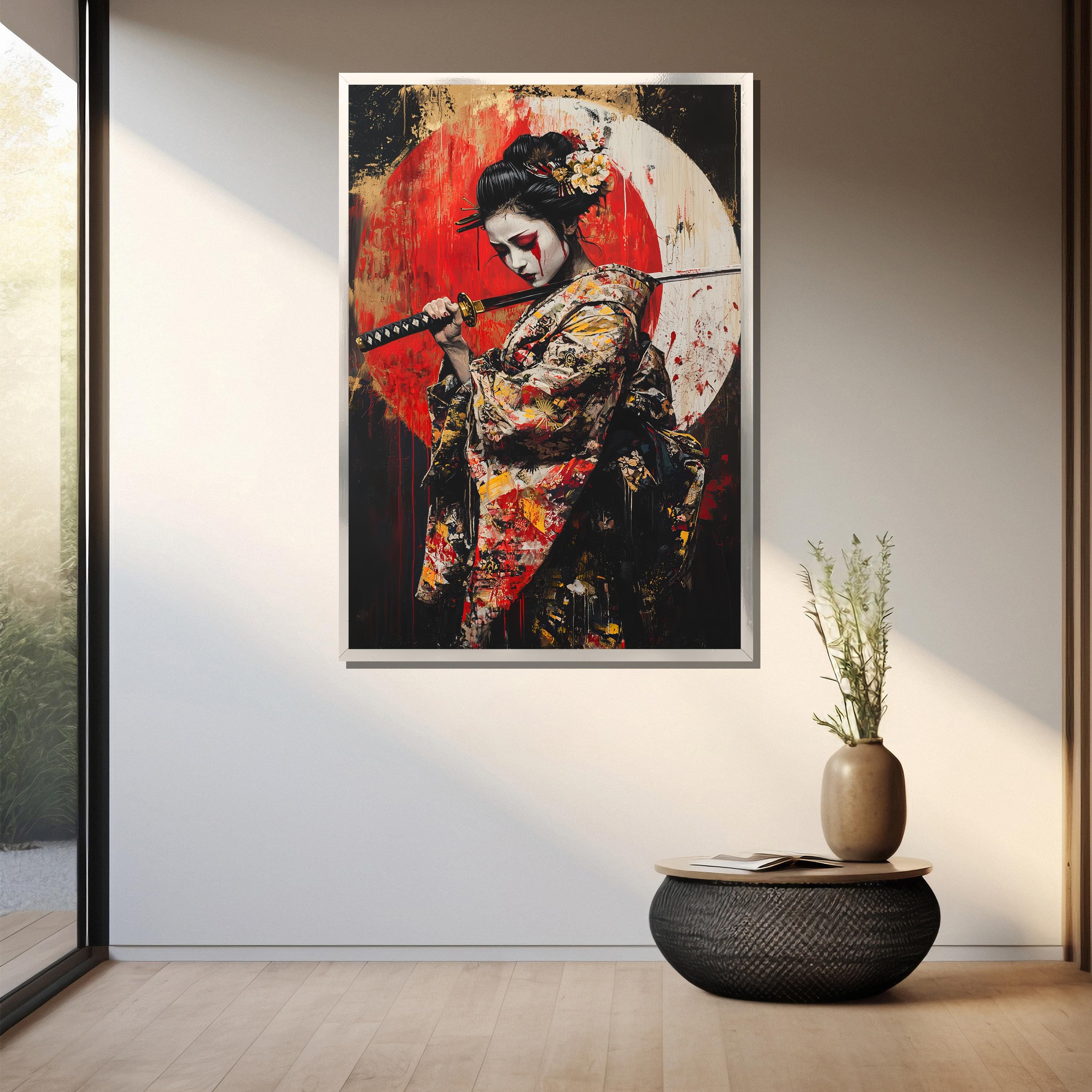 KAIDAARTLH Samurai Japanese Canvas Picture, Modern Pictures with Character Prints on Canvas Modern Pictures for Living Room Bedroom Without Frame (2 x 50 x 70 cm, Sun Red-1