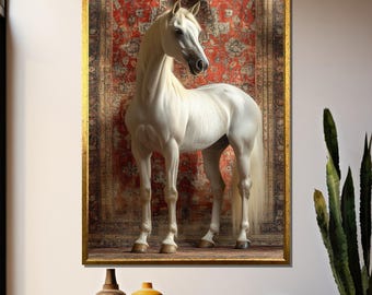 Elegant White Arabian Horse with Oriental Carpet Background - Majestic Wall Art