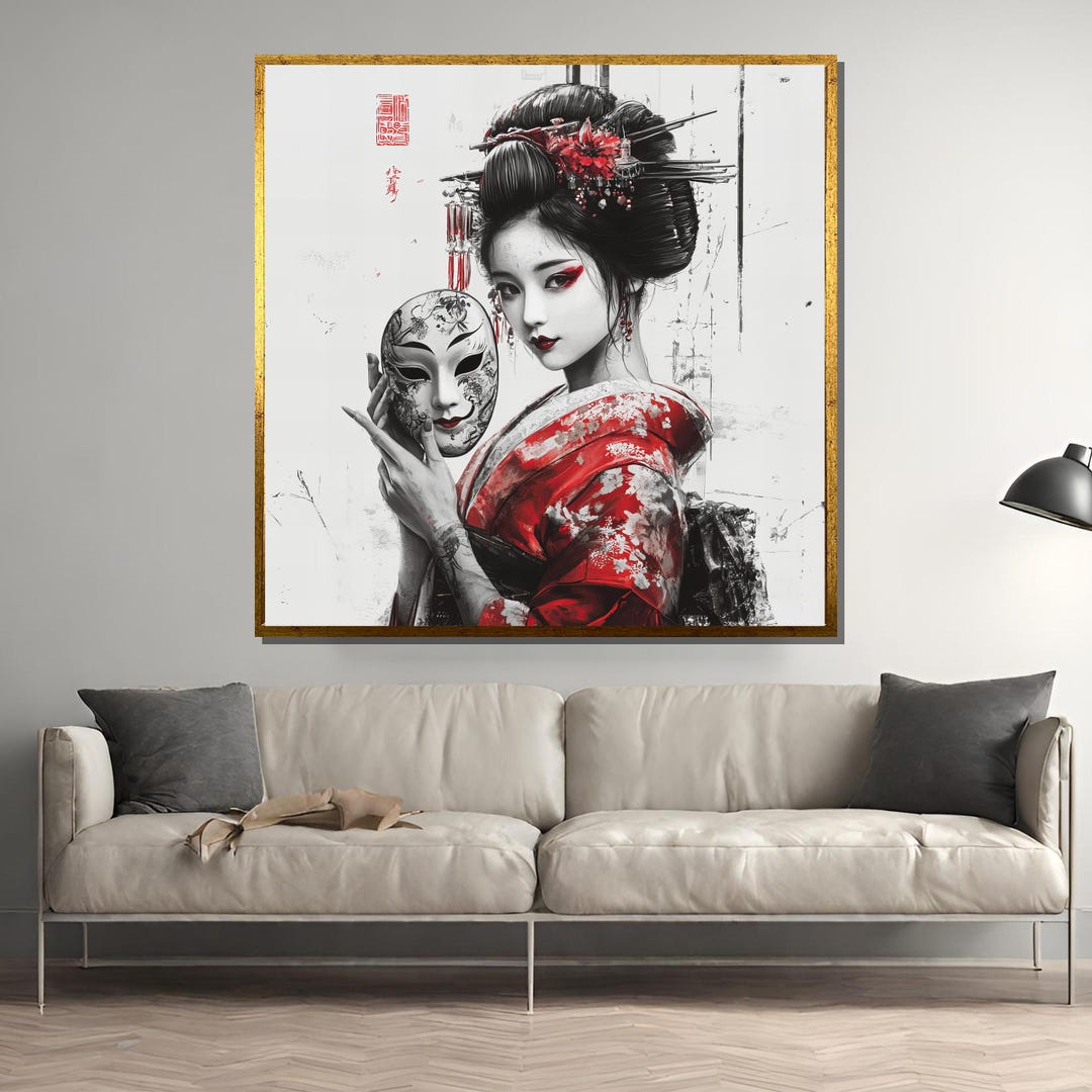 Japanese Geisha Wall Art Holding Mask - Elegant Red Kimono Woman With ...