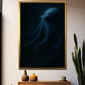 Majestuoso pulpo de aguas profundas: lienzo marino oscuro, arte mural de vida marina misteriosa, decoración náutica
