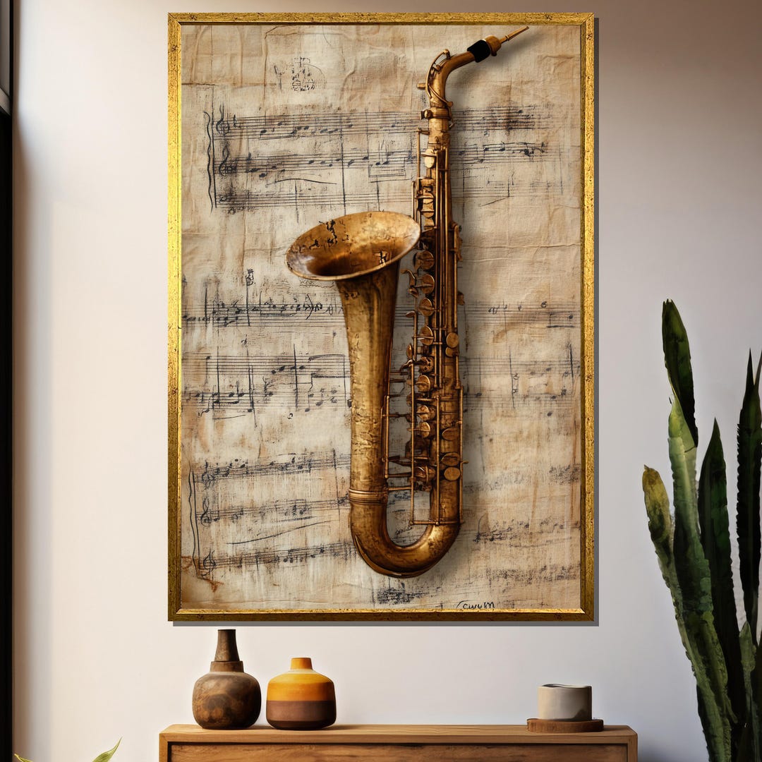 Rustic Saxaphone Vintage Saxophone Wall Art – Rustic Jazz Music Print With Sheet ...