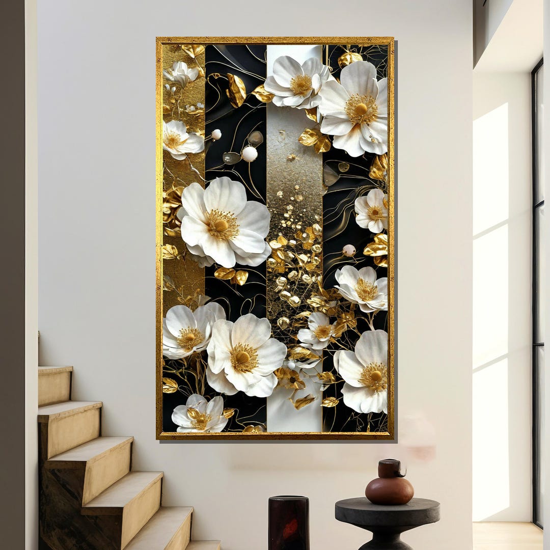 White and Gold Floral Canvas Painting – Luxurious Wall Art With Elegant ...