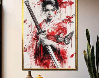 Samurai Girl Canvas Art, Red Kimono, Japanese Warrior, Butterfly Sword