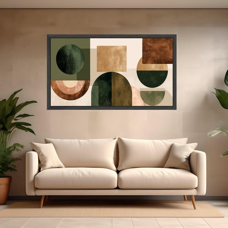 Earth Tone Abstract Geometric Canvas Wall Art, Modern Shapes Decoration, Organic Color Palette, Minimalist Home Accent, Ready to Hang Black Frame